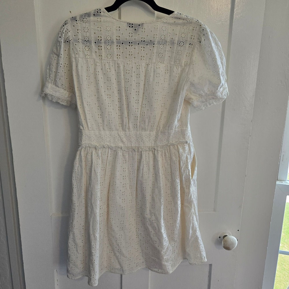 J.Crew White Eyelet Lace Cotton Mini Dress Short Puff Sleeve Button Front Size 4 - Picture 5 of 16